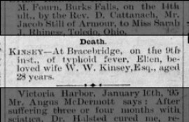 Obituary of Ellen Kinsey (nee Lauder) in the 13 September 1895 Huntsville Forester