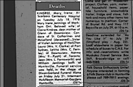 Mary Irene Kindree death notice